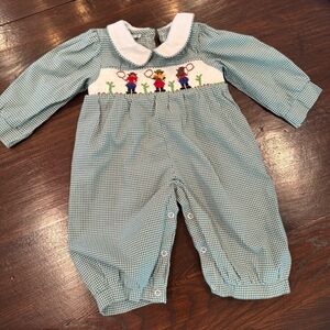 Green Checkered cowboy Baby Romper with Embroidered Detail